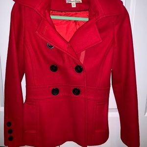 Cute red pea coat.